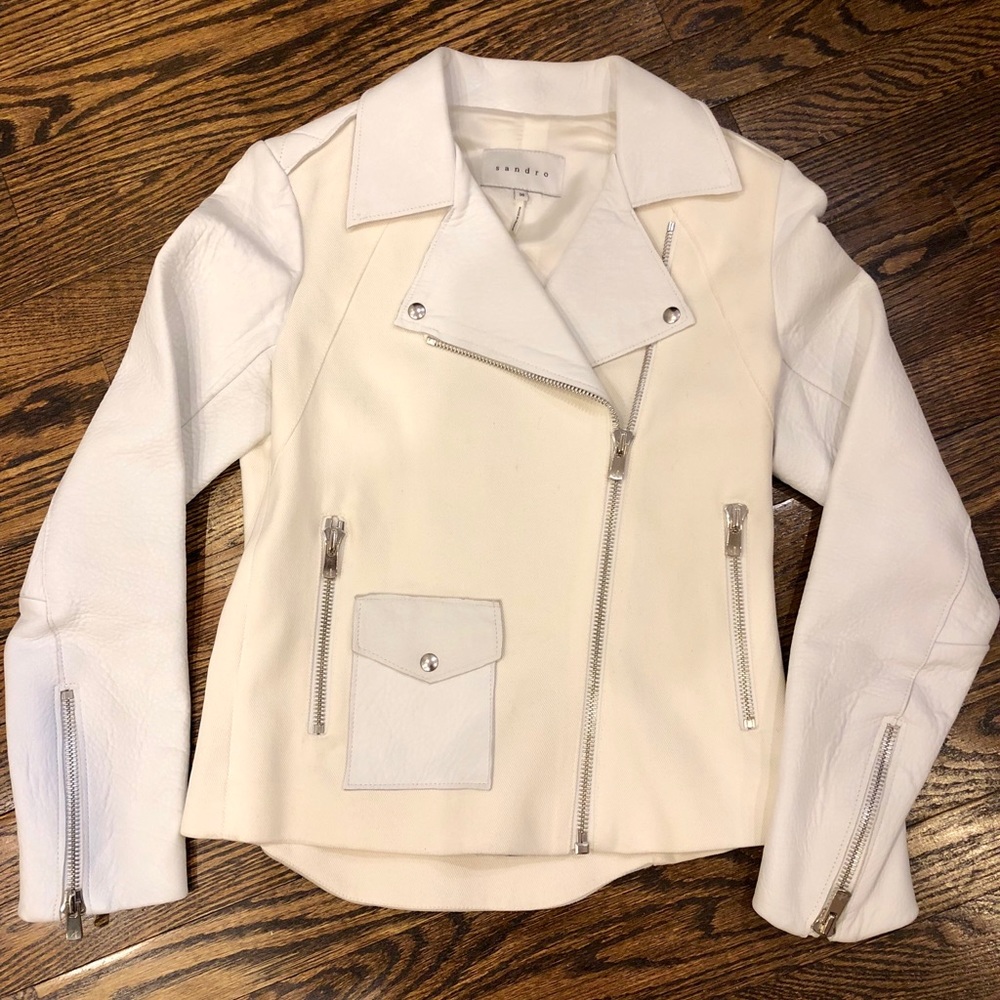 Sandro White Lambskin & Canvas Motorcycle Jacket